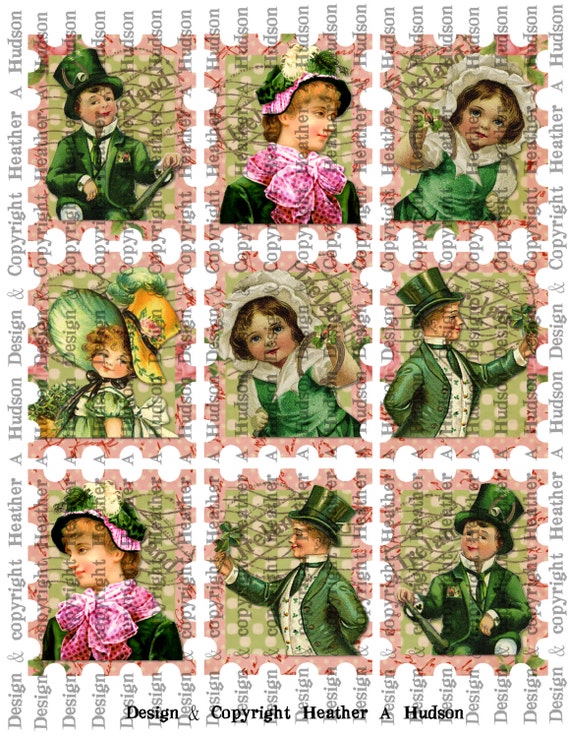 Victorian Vintage Shabby Chic light Green & Pink St. Patrick's Day Stamps Tags  Digital Collage sheet Printable