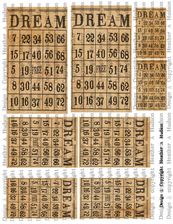 Vintage "Dream" Bingo cards Natural Digital Collage sheet Printable