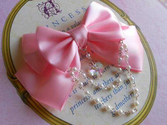 Sweet Lolita Hair clip or Brooch pink bow with glass heart and