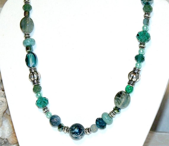 Blue Green Silver Mixed Bead Indie Necklace Boho Chic Bohemian