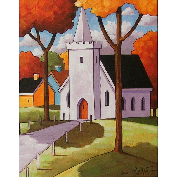 PAINTING ORIGINAL Folk Art White Church Chapel Modern