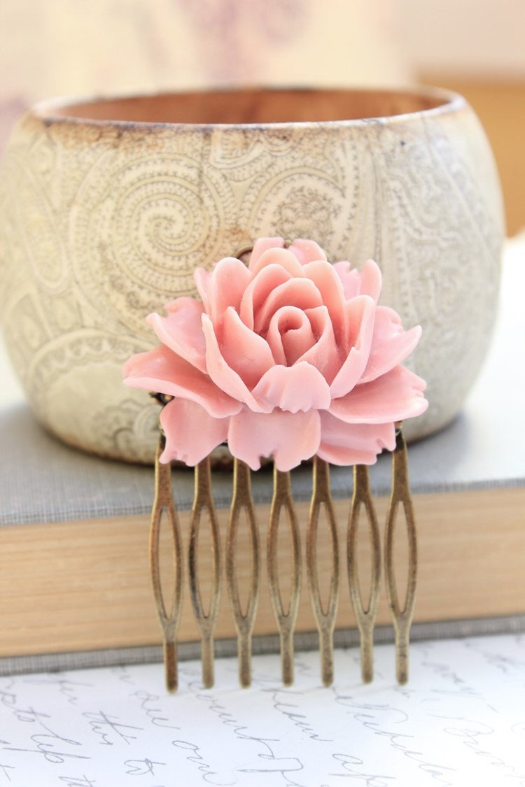 Pink Rose Comb Pastel Rose Metal Hair Comb by apocketofposies