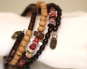 Rustic Small Bead Wood and Coco Nut Memory Wire Bracelet  One of a Kind