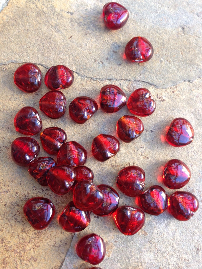 Heart Shape Beads Red Heart Beads Silver Foillined Glass