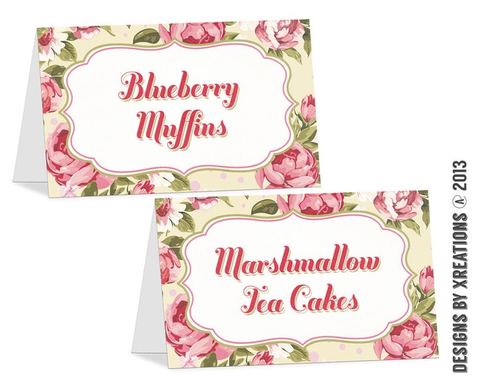 Shabby Chic Rose Floral Tea Party Food Tent Card, I will customize for you, Print your own