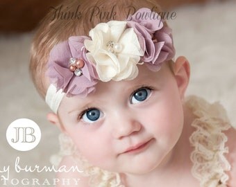 SALE! Baby Headband, Ivory Headband, baby girl headband,Newborn Headband, shabby chic flower headband, Baby Headbands,Baptism Headband.