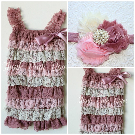 SALE Petti lace romper and headband SET, petti romper,baby headband, flower headband, shabby chic headband headband and lace petti romper. by ThinkPinkBows