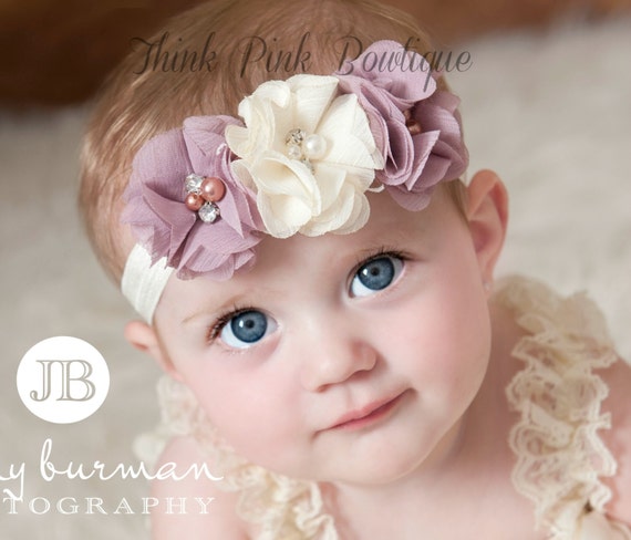 SALE! Baby Headband, Ivory Headband, baby girl headband,Newborn Headband, shabby chic flower headband, Baby Headbands,Baptism Headband. by ThinkPinkBows