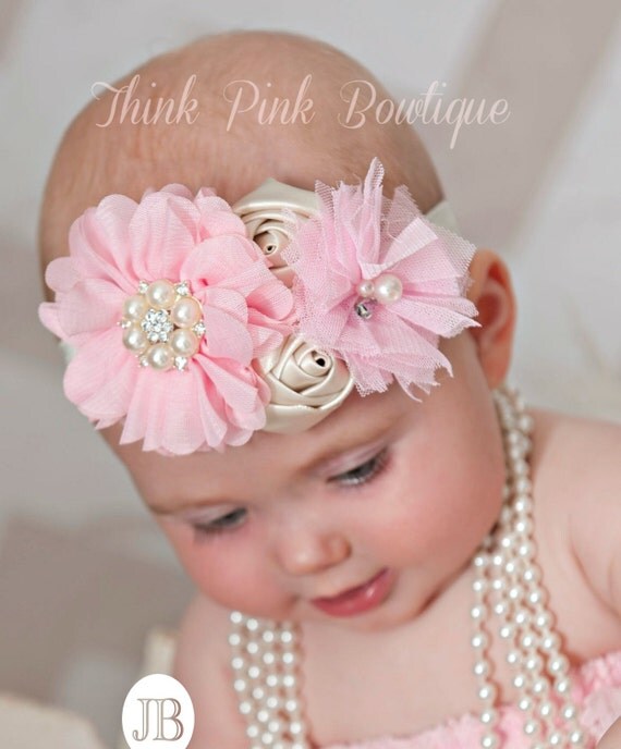 Baby headband, baby headbands, Pink headband,newborn headband,shabby chic headband, couture baby headband,flower headband, Easter Headband by ThinkPinkBows