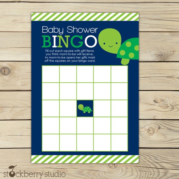 Turtle Baby Shower Bingo Game Printable Navy Blue Green Baby Shower ...