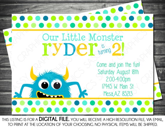 Boy Birthday Monster Invitation - Polka Dot, Blue, Green, Yellow, Printable, Digital Il_570xn