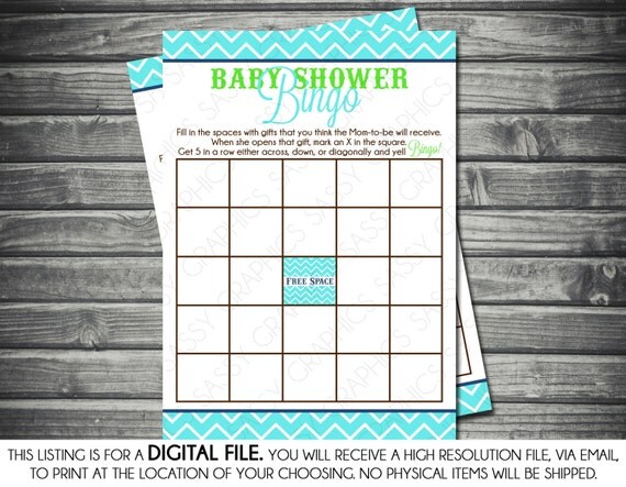 Instant Download Boy Baby Shower Bingo Card - Chevron, Navy Blue, Aqua, Green, Brown, Printable, Digital Il_570xn