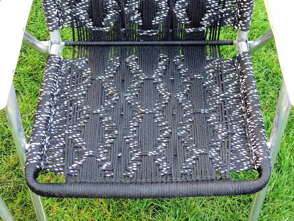 Vintage Macrame Folding Lawn Chairs / Black and White 1979