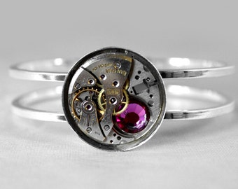 Steampunk Jewelry Cuff Women's Silver Vintage BULOVA Watch Pink Crystal Steam Punk Wedding Anniversary Bride - Jewelry by Steampunk Boutique