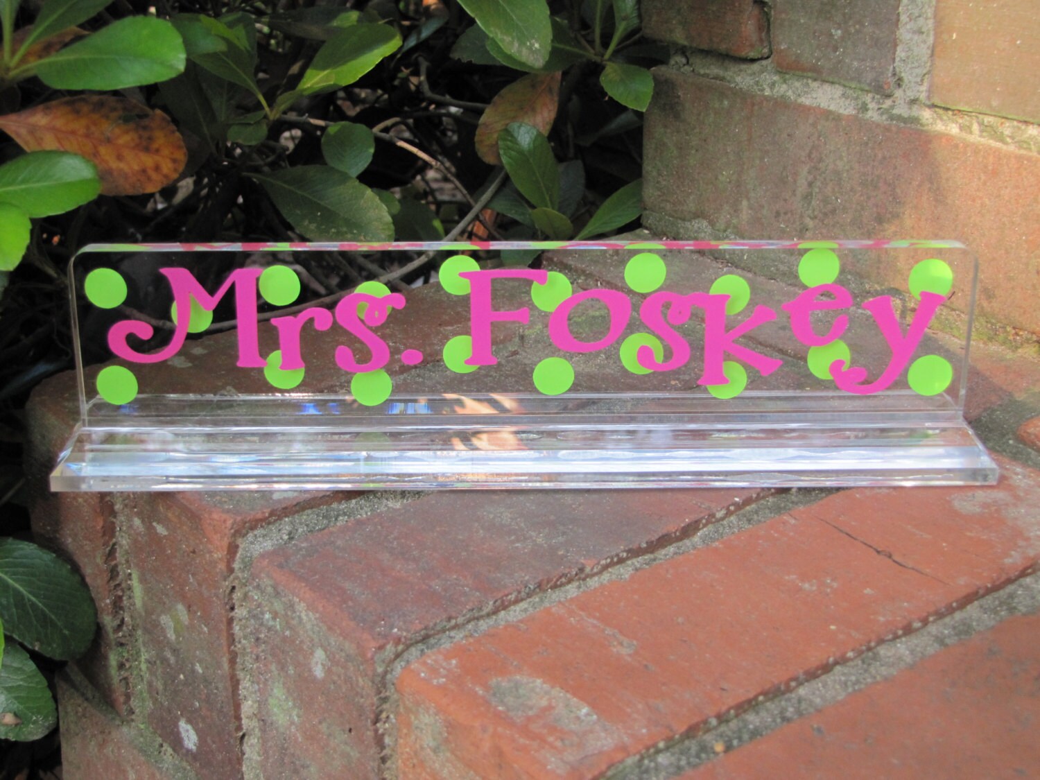 Personalized clear acrylic Teacher Desk Name Plate with Dots