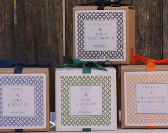 12 Party Favor Boxes with Personalized Labels - Metro Design in Pink - wedding favors, baby shower favors, bridal shower favors