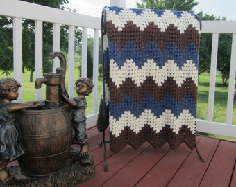Handmade, ripple, chevron, crochet blanket, afghan crochet, crocheted blanket, crocheted afghan, brown, blue and ivory, FAST SHIPPING