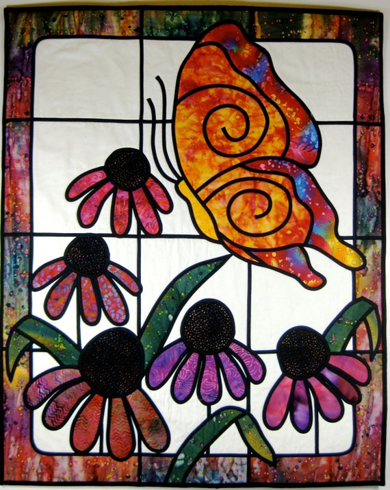 Art Quilt Stained Glass Butterfly Cone Flowers Wall Hanging