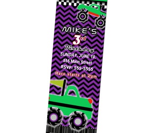 Monster Truck Birthday Invitation Ticket - Printable Personalized Boy Party Invite Green and Purple