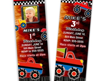 Monster Truck Invitation Ticket - Boy Birthday Party Invite Red Printable Personalized With Photo