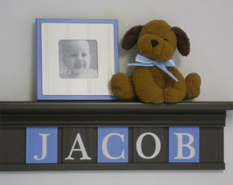 Baby Boy Nursery Wall Shelves - Chocolate Brown Shelf with Pastel Light Blue and Brown Wall Letter - Personalized for Nursery
