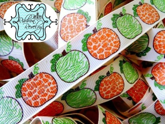 Princess of the patch glitter wild pumpkins on cream 7/8" grosgrain ribbon Il_570xn