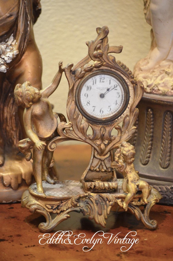 Antique Cherub Clock New Haven Brass Mantle Clock