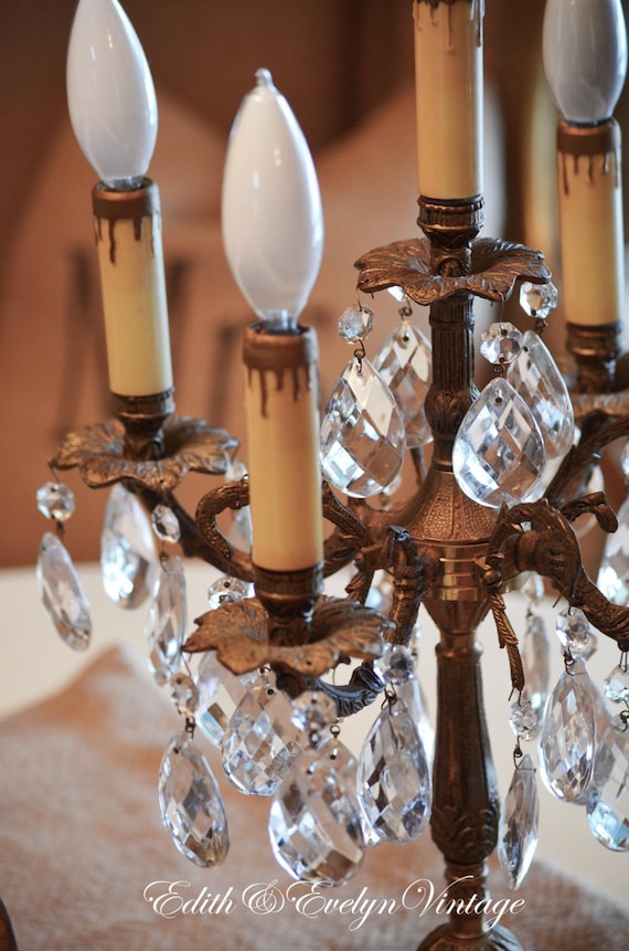 Antique Brass Candelabra Lamp Crystal Prisms Four Arm