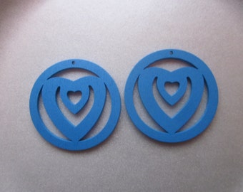 SALE - Blue Wood Heart Pendants 48mm 2 Pendants