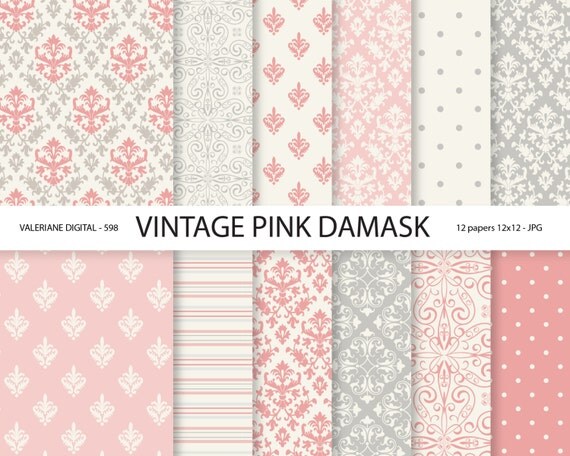 Items similar to Pink Damask Paper, vintage pink damask digital paper ...
