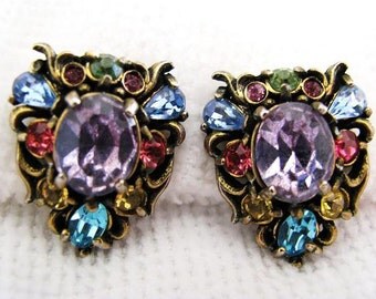 Vintage Hollycraft Earrings, Hollycraft Copr Rhinestone Screw Back Earrings, Multi color Earrings, 1950