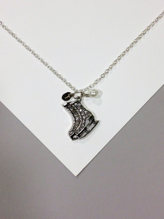 Ice Skater Ice Skates Necklace with Rhinestones Pearl and