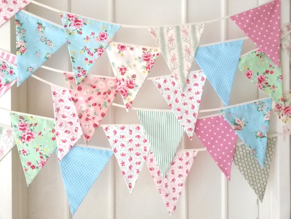 Shabby Chic Fabric Banners, Bunting, Garland, Wedding Bunting, Pennants, Flags, Pink, Green, Blue - 25 ft (extra long)