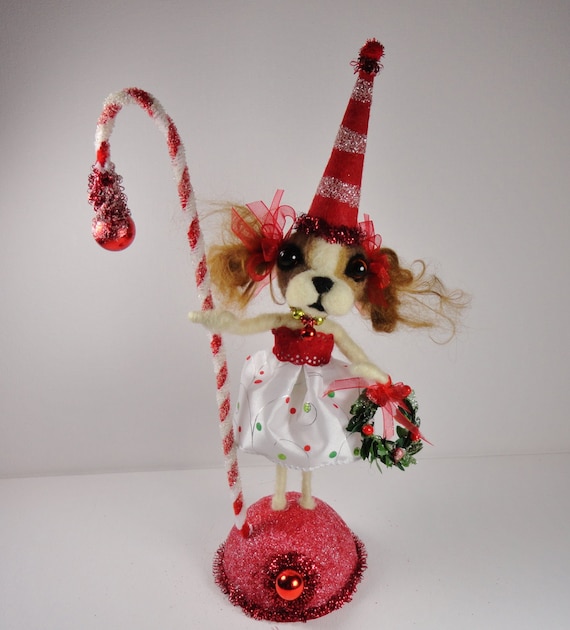 Christmas King Charles Cocker Spaniel Puppy Dog brown white tan chenille mercury glass needle felted mohair - Bitsie