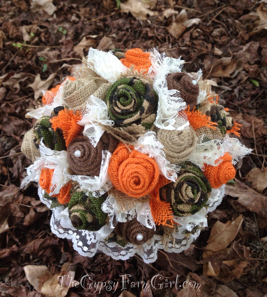 Ready to Ship Camo and Orange Burlap and Lace by GypsyFarmGirl