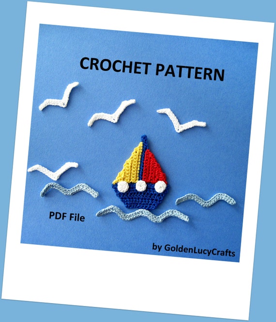 Sailboat Seagull and Waves Applique Crochet PATTERN PDF