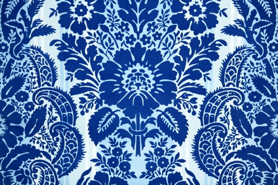 1970's Retro Wallpaper Vintage Royal Blue Flocked Damask