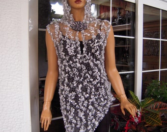 MADE TO ORDER dress handmade knitted knitted hoodie,asymmetrical dress size S,M, L gift idea in sparkle silver yarn for her by golden yarn