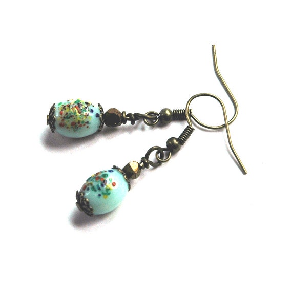 Beaded Earrings Robins Egg Blue Glass with Antiqued Brass