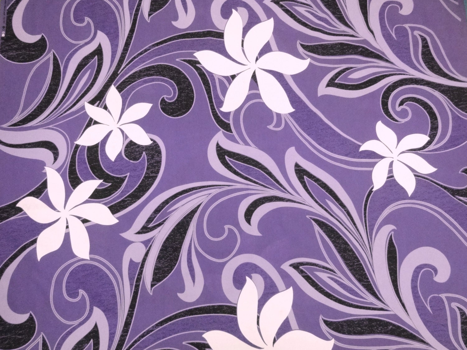 Hawaiian Tahitian Fabric Purple with White & Black Tiare