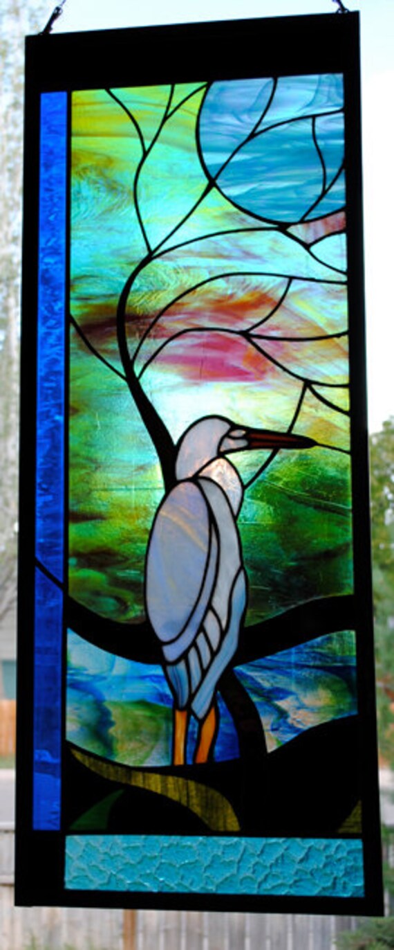 Blue Heron with Moonlit Tree Leaded Stained Glass Window