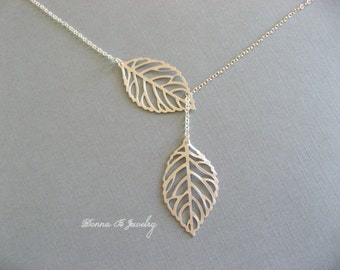 Silver Leaf Necklace, Lariat Leaf Necklace