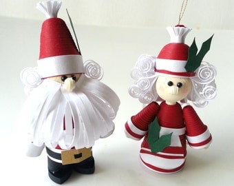 Santa Claus Christmas Ornament, Christmas Decor, Mr. and Mrs. Claus Set Paper Quilled Couple for Holiday Home Decor