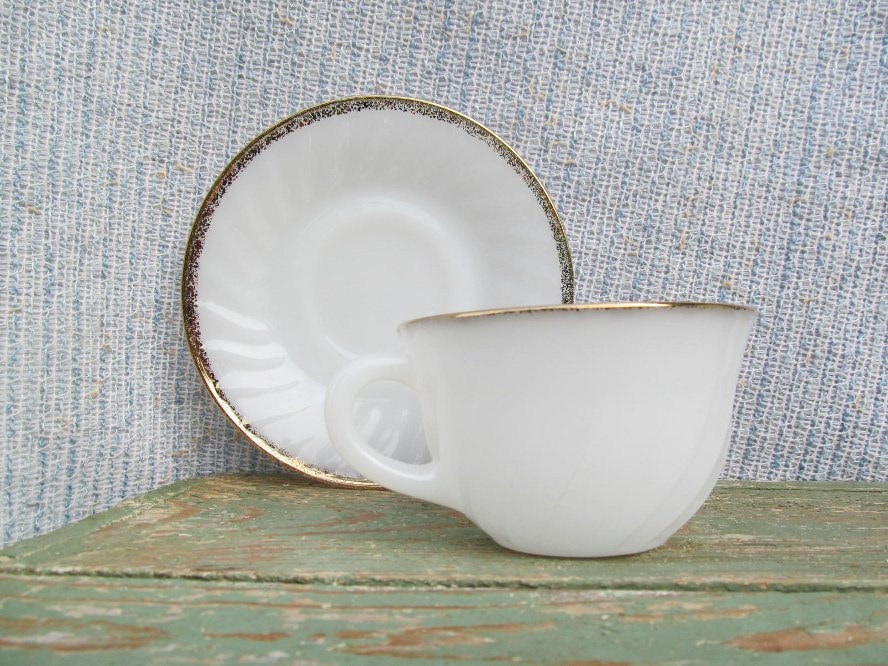 Fire King Coffee or Tea Gold Rim White Milk Glass Cup and Saucer Replacement Set Haute Juice