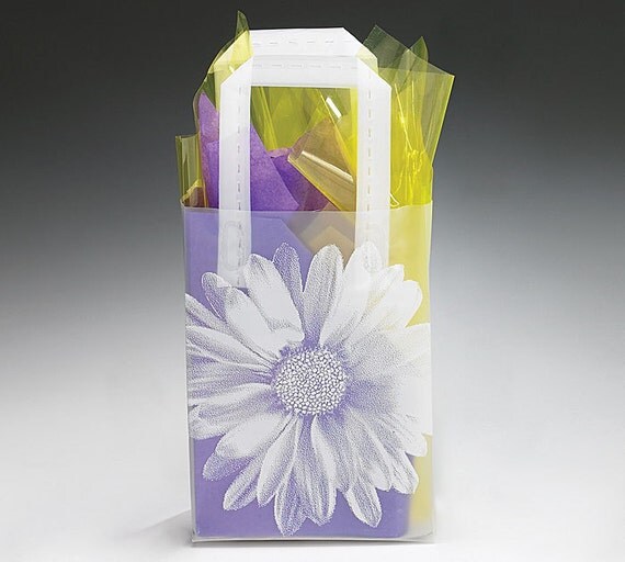 12 Small Plastic White FLOWER Frosted Retail Gift Bags TOTES