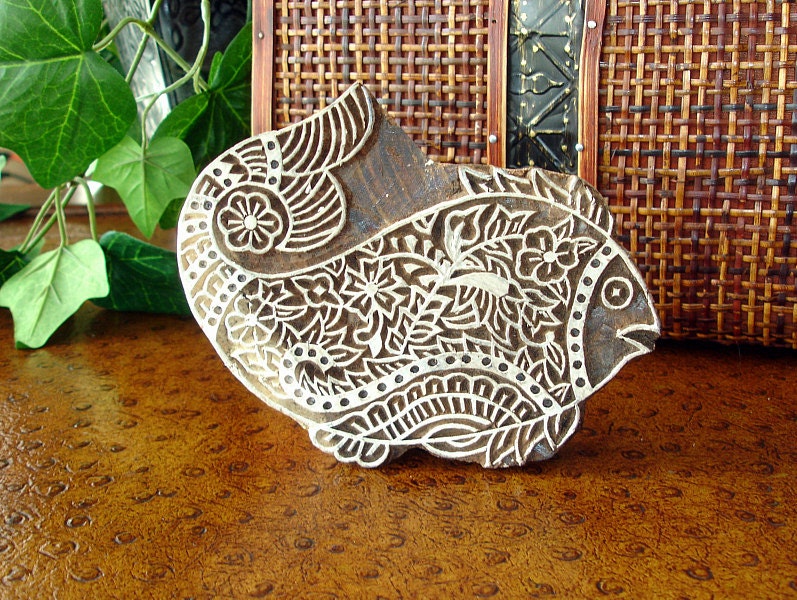Fish Stamp Hand Carved Wood Stamp Large Handmade by DelhiDaze