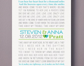 Personalized CANVAS Art (custom wedding song, lyric art, first dance song) in blue & green, custom colors