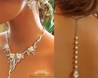 Bridal jewelry set, bridal necklace, backdrop necklace, Wedding jewelry set, pearl necklace, bridal statement earrings, bridesmaid jewelry