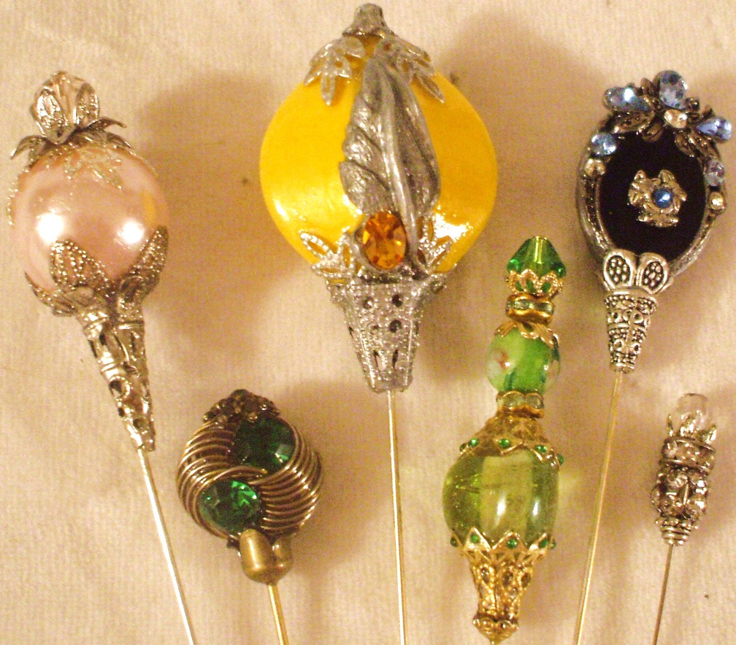 6 Antique style hat pins with vintage and antique pieces