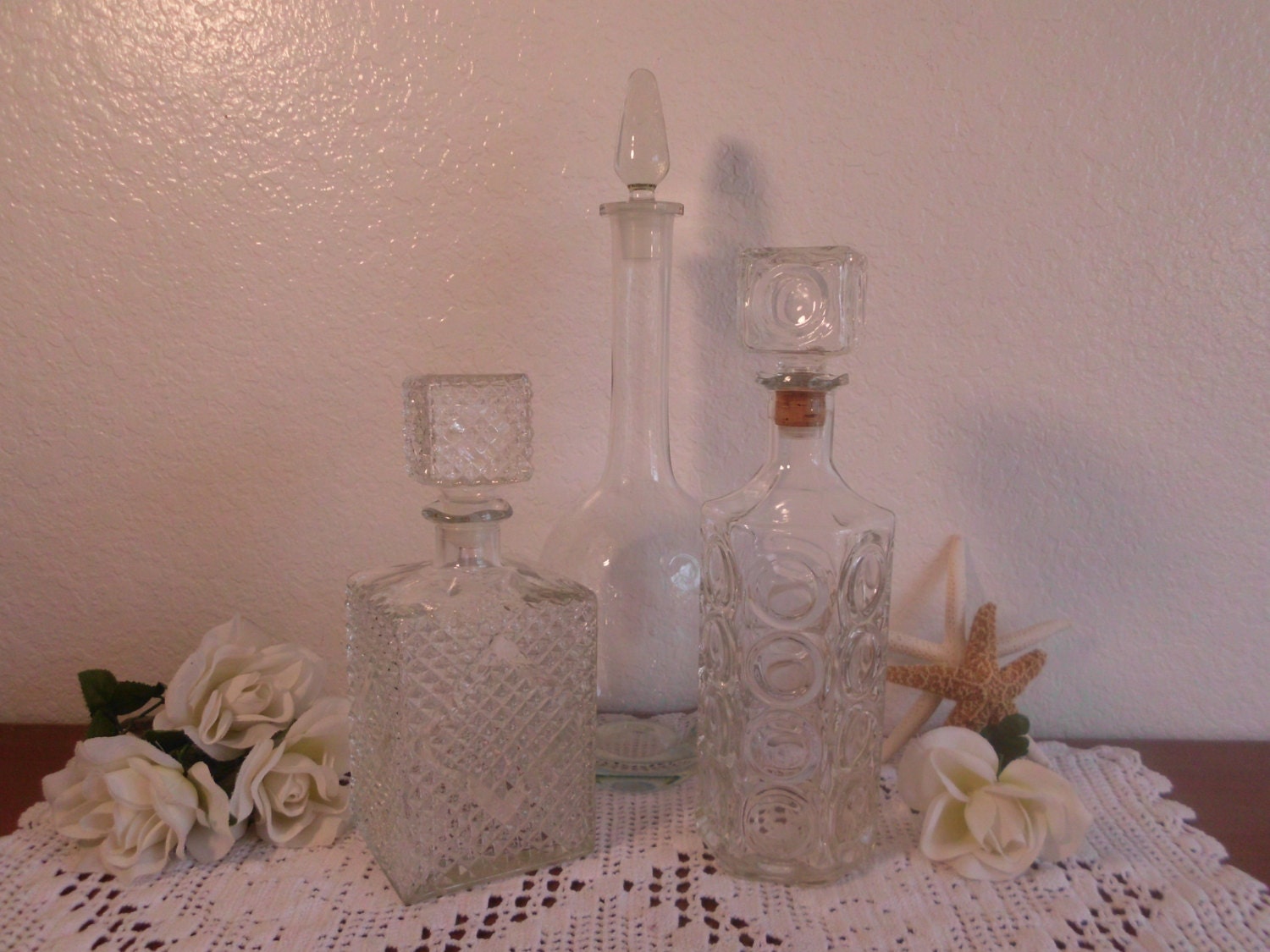 Vintage Decanter Set Clear Glass Liquor Bottle Barware Cottage
